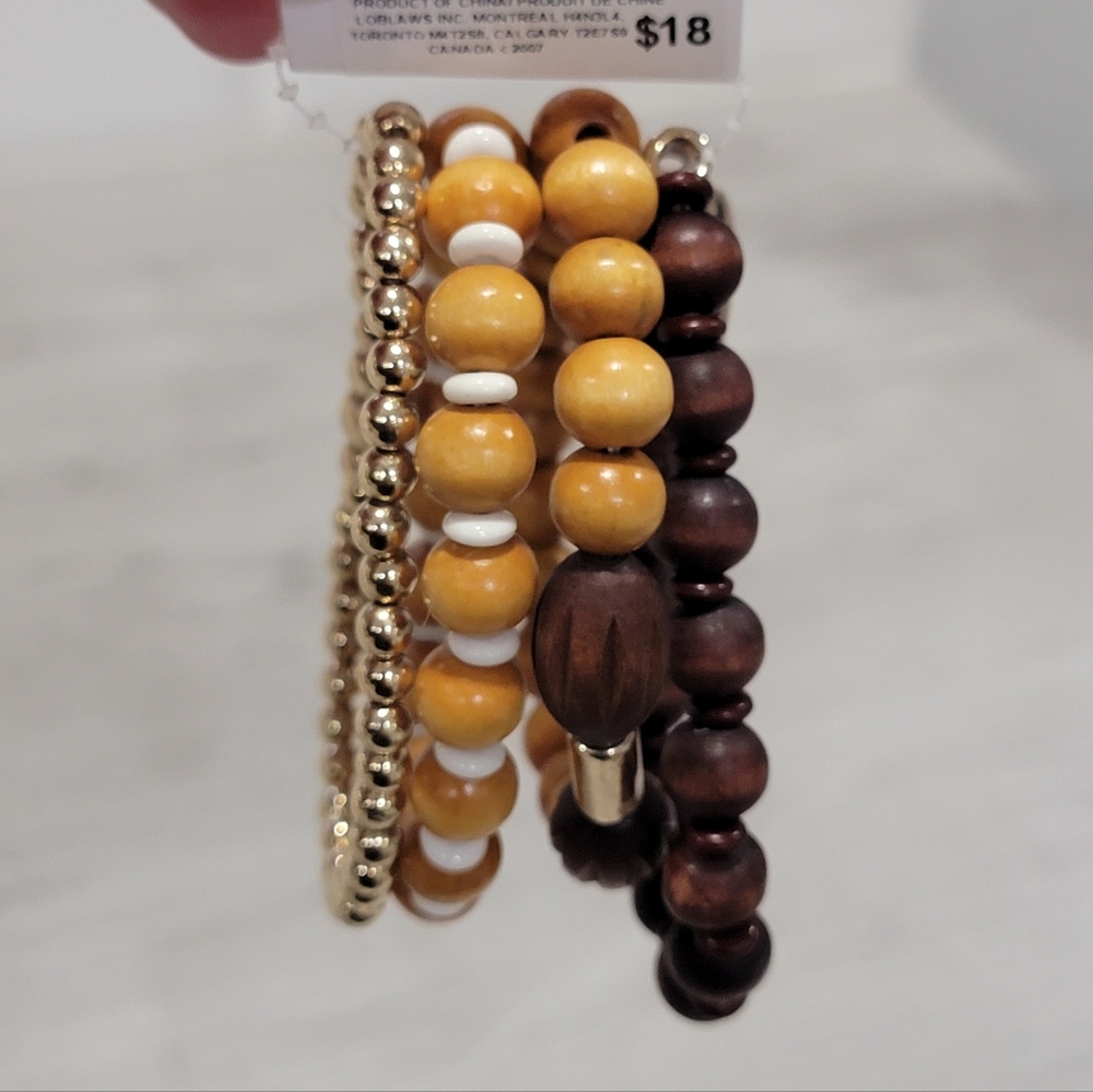NWT Joe Fresh Beaded Bracelet Set Wooden Stackable Heart Charm Stretchy Boho - Picture 5 of 14